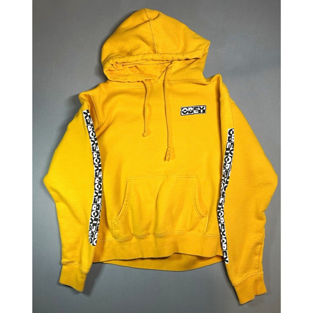 OBEY Worldwide Women’s L Yellow Pullover Hoodie Logo Tape Fleece Pockets